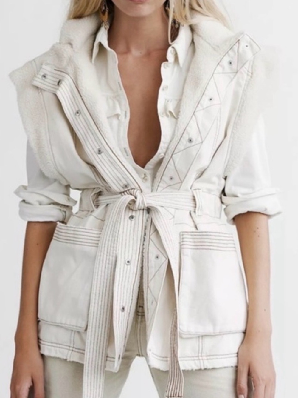 Free People ETTA Sherpa Faux Shearling Utility Cream Belted Vest XS